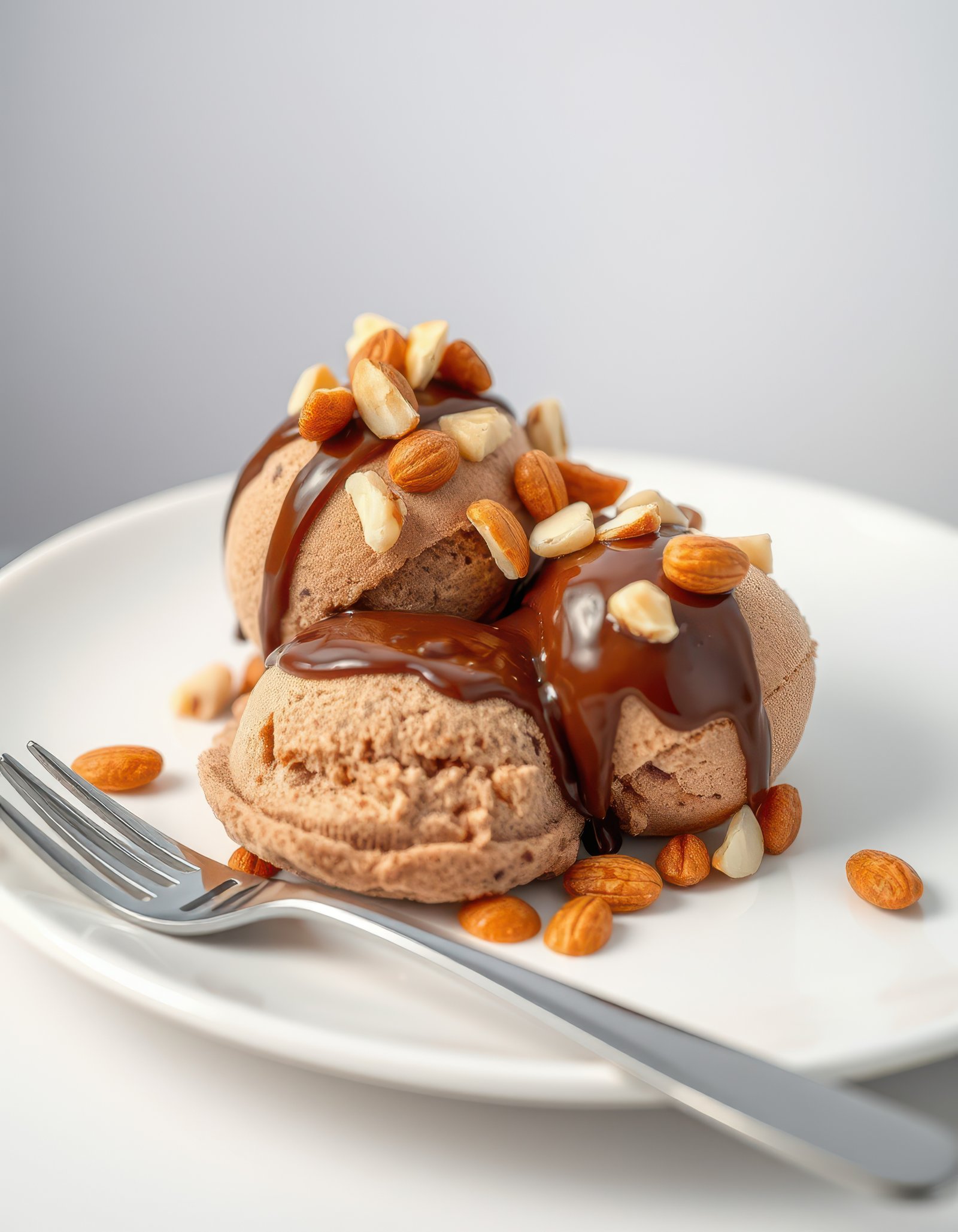 Delicious chocolate ice cream dessert topped with caramel sauce and almonds during a casual dining experience